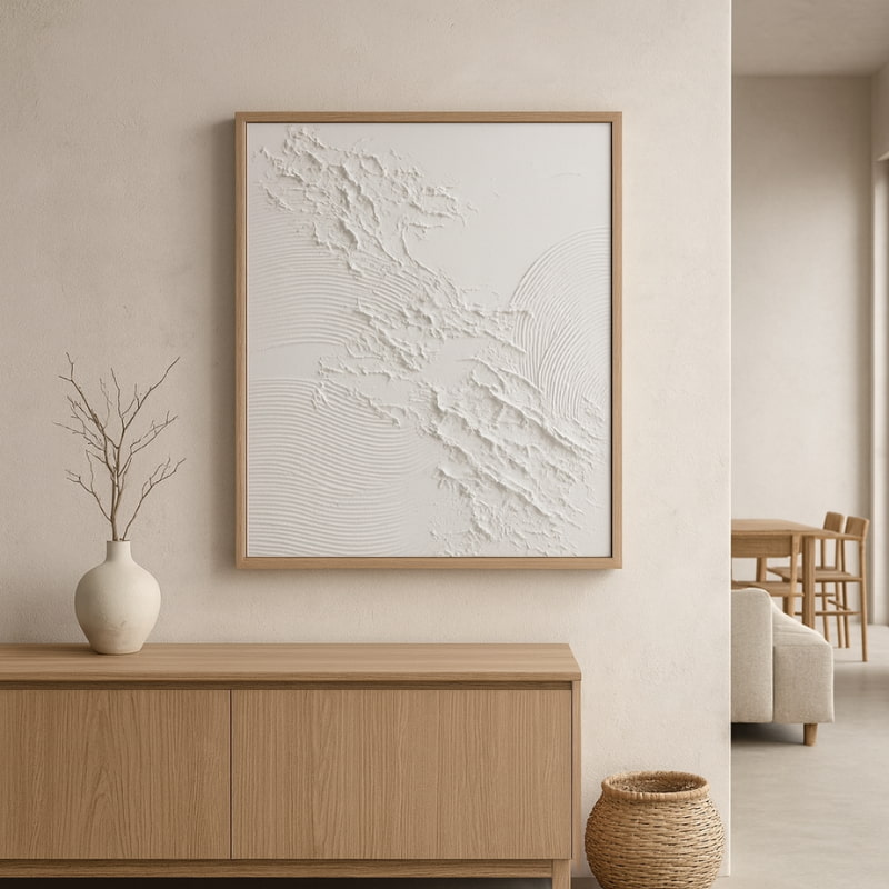 Framed abstract artwork in a wabi sabi art gallery.