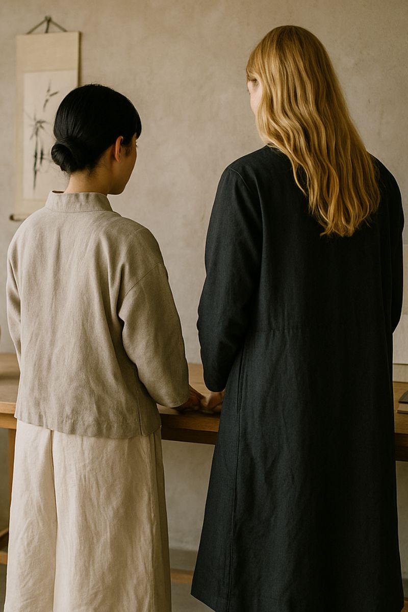 Two women standing in a room with a neutral color palette. The wabi sabi artist stands along her craft