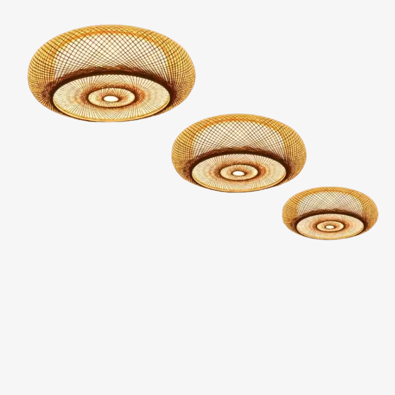 Three wabi sabi bamboo ceiling light on a white background