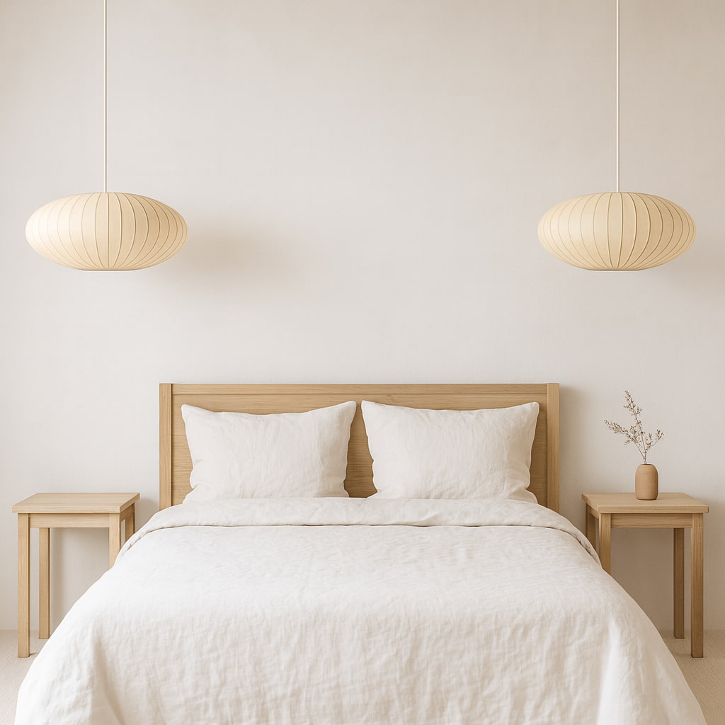 Bedroom with wooden bed frame, white bedding, and wabi sabi bamboo fixture light
