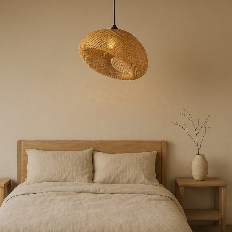 Bedroom with wooden headboard, beige bedding, and wabi sabi bamboo hanging light.