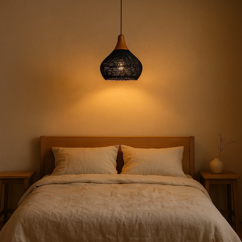 Bedroom with a wooden headboard, beige bedding, and a wabi sabi black tile.