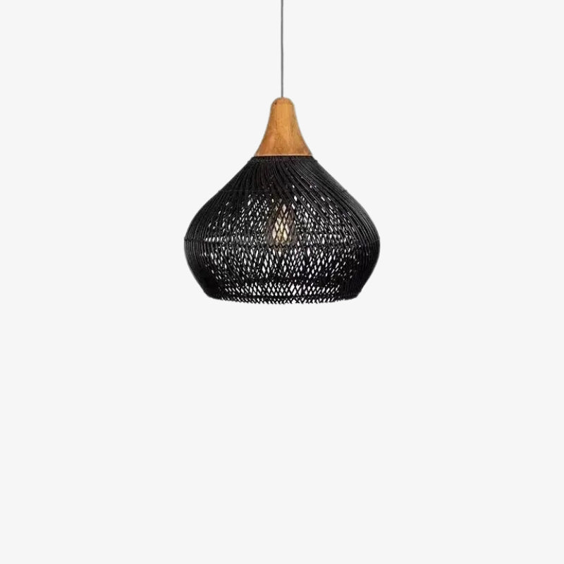 Wabi sabi black wicker light
with wooden top on a white background.
