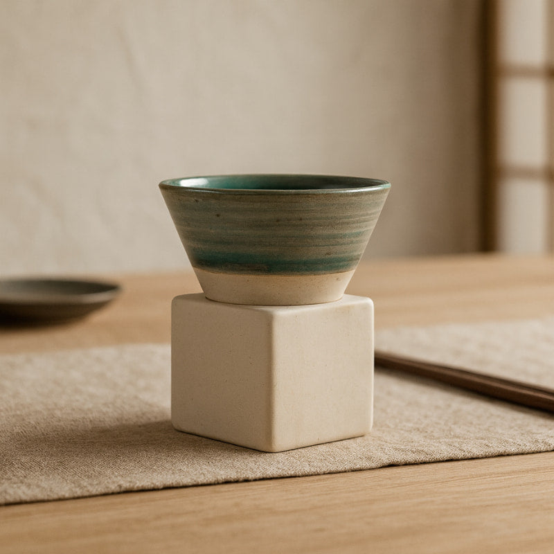 Wabi sabi coffee cup on a square ceramic base on a wooden surface.