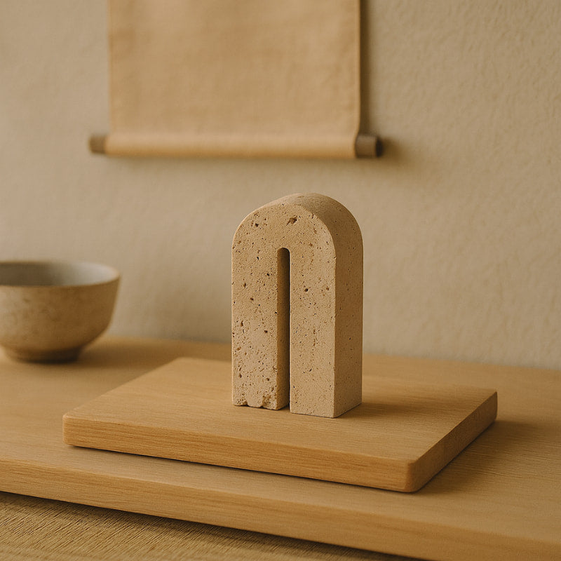 wabi sabi furniture book holder on a wooden stand with a bowl in the background