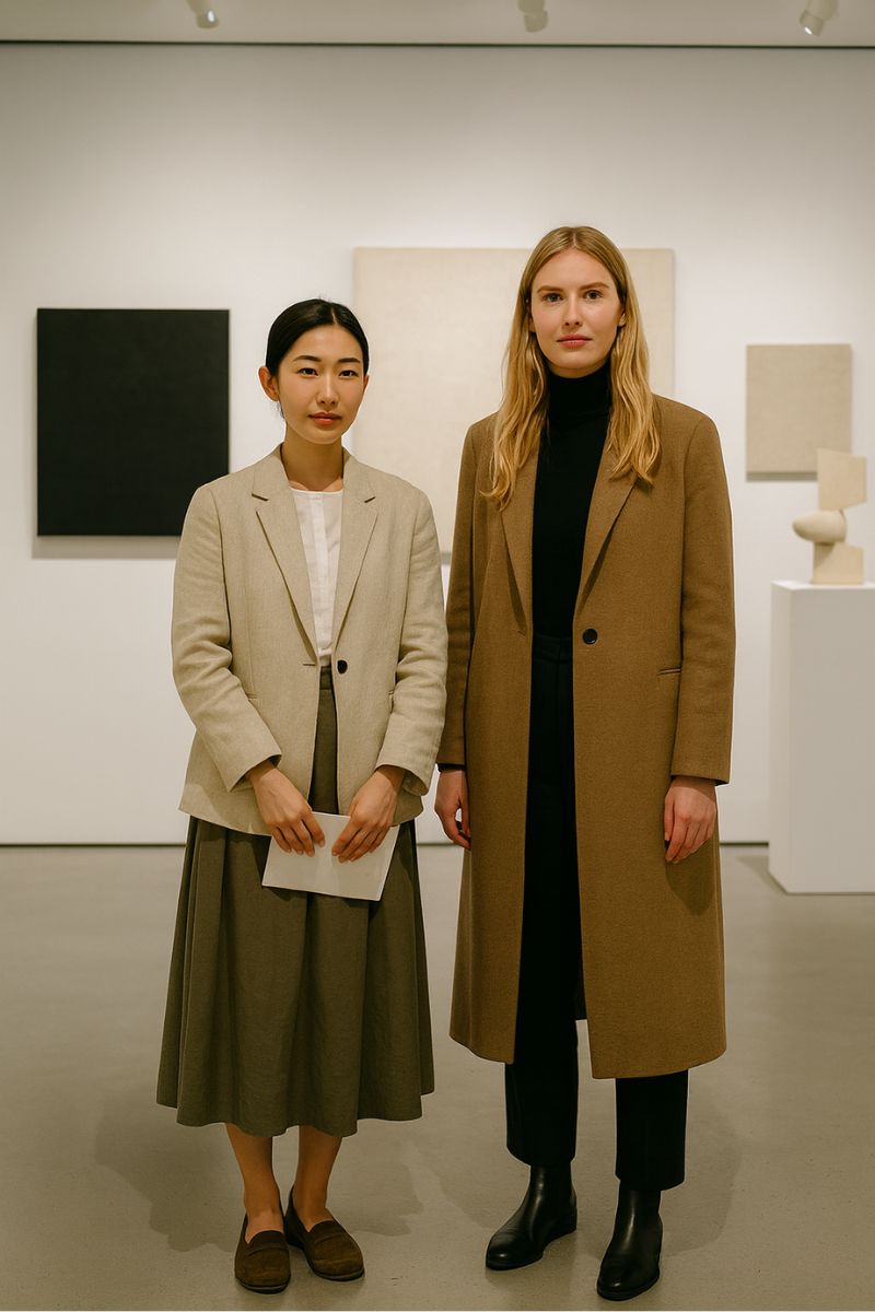Two women standing in a modern art wabi sabi gallery.
