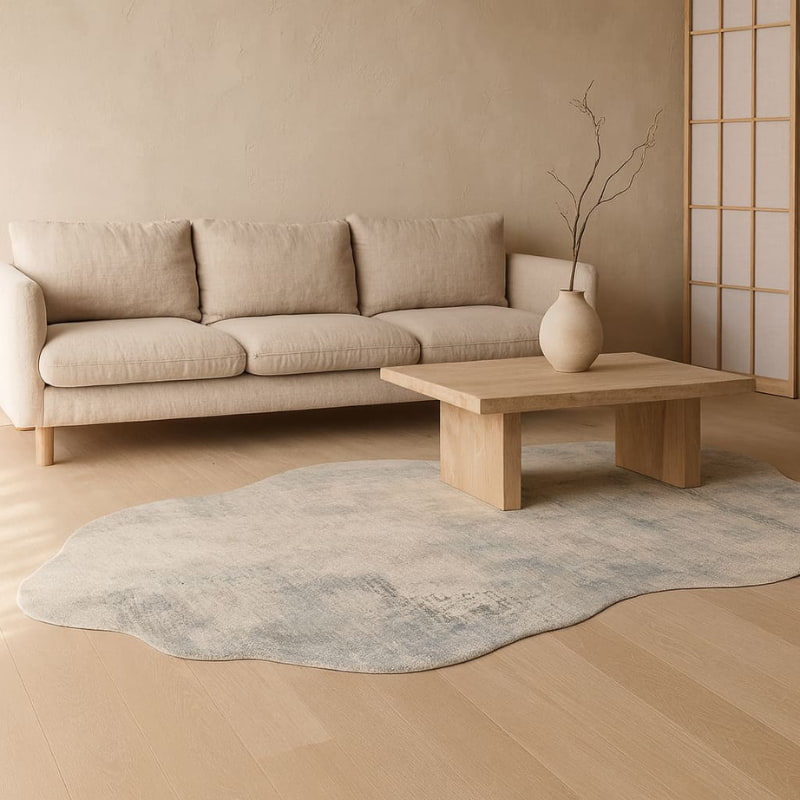 Wabi sabi home design carpet living room with a rug.