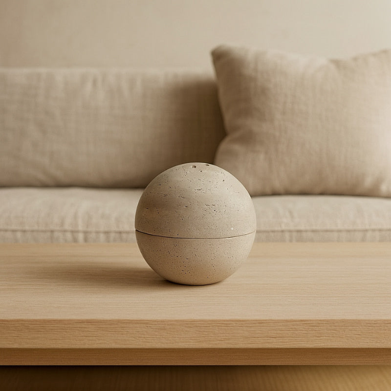 Wabi sabi incense burner on a wooden table in a living room.