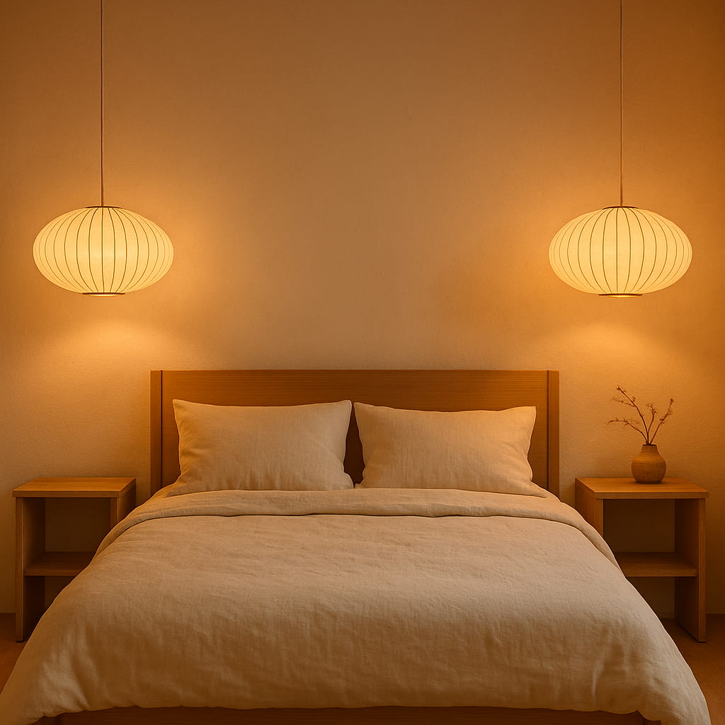 Bedroom with wooden headboard, beige bedding, and two hanging wabi sabi light cloud white casting a warm glow.