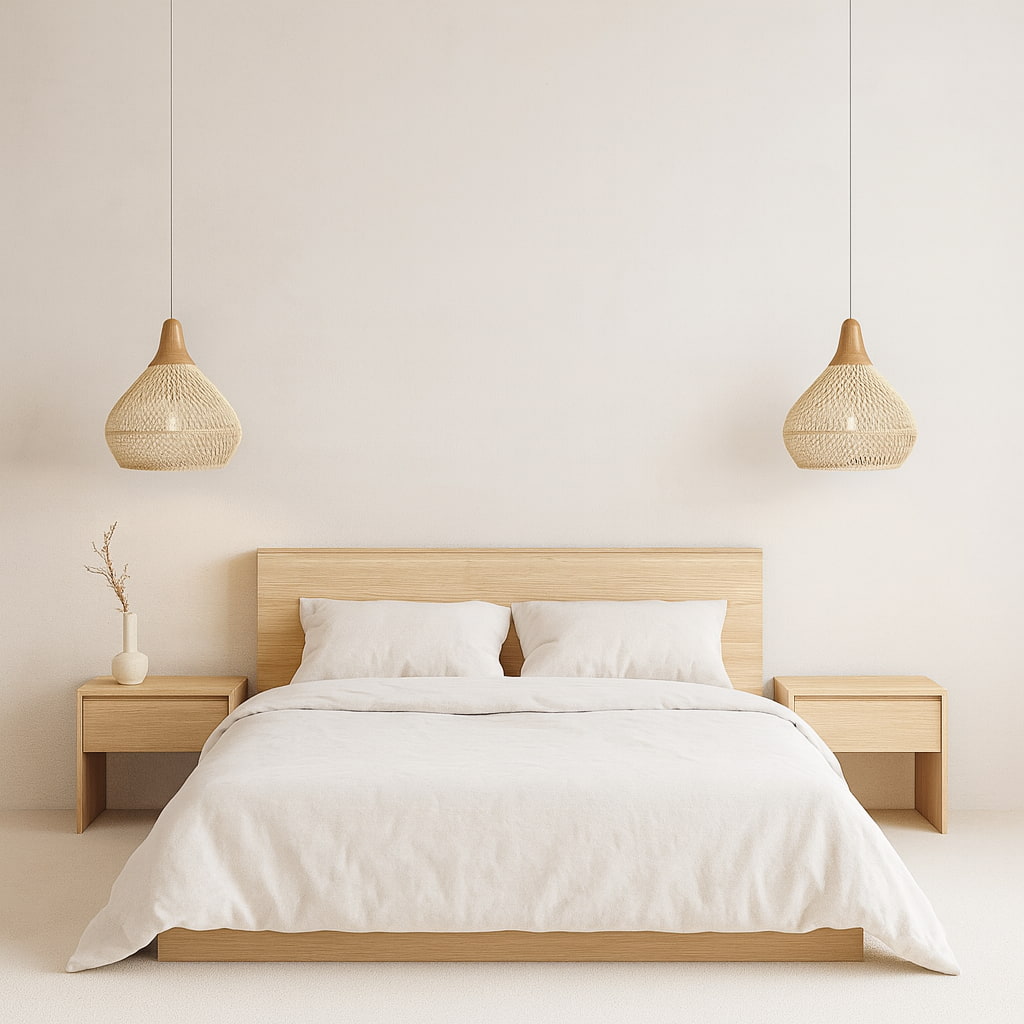 Minimalist bedroom with wooden bed and side tables, white bedding, and wabi sabi light lamp.