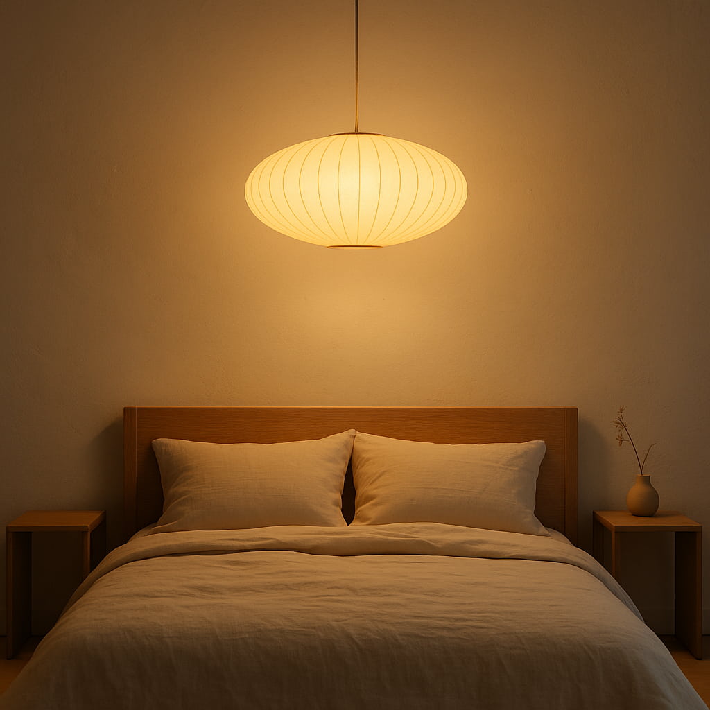 Bedroom with a wooden headboard, two pillows, and a hanging wabi sabi pendant light australia