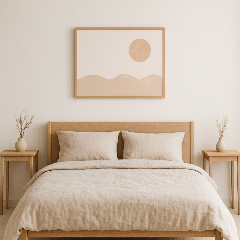 Beige bedroom with wooden bed, side tables, and wabi sabi room decor.