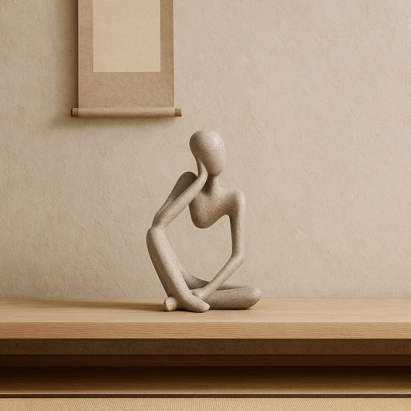 Wabi sabi sculpture of a sitting figure on a wooden shelf with a beige wall in the background