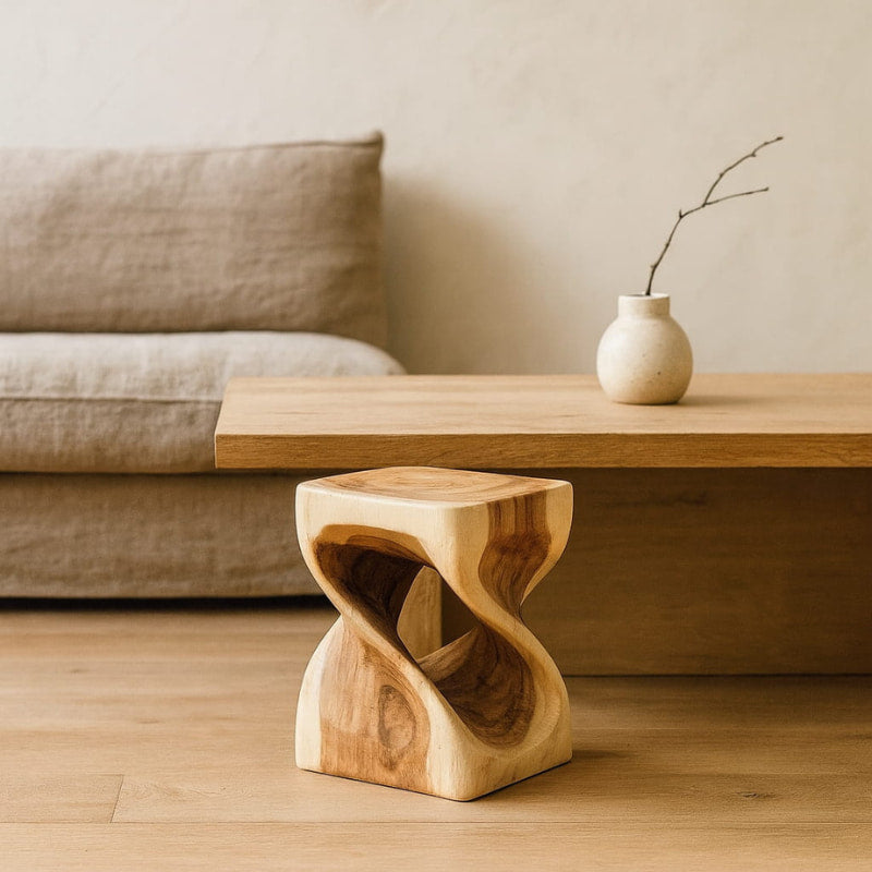 wabi sabi small stool in a living room setting.