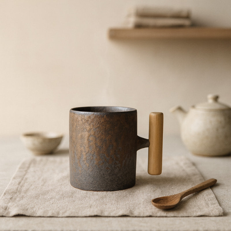 Wabi sabi tea cup with wooden handle on a textured surface, with a teapot and bowls in the background.