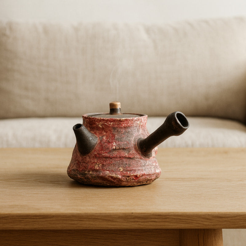 Red wabi sabi teapot on a wooden table with a beige sofa in the background