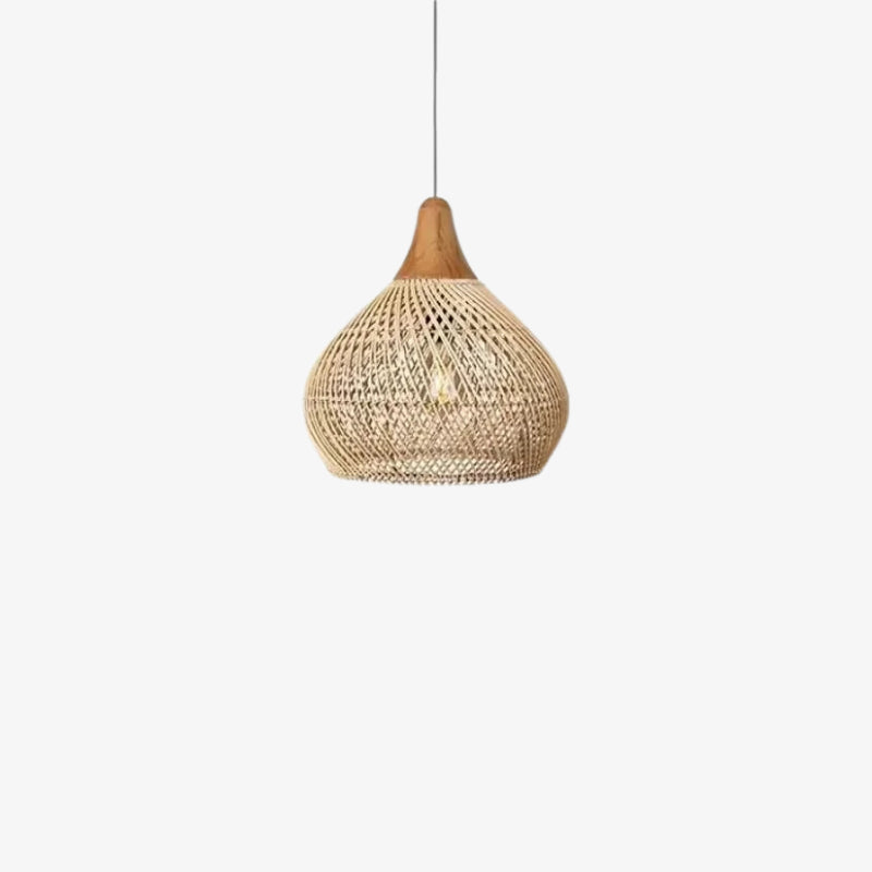 wabi sabi wicker pendant lamp with wooden base on a white background