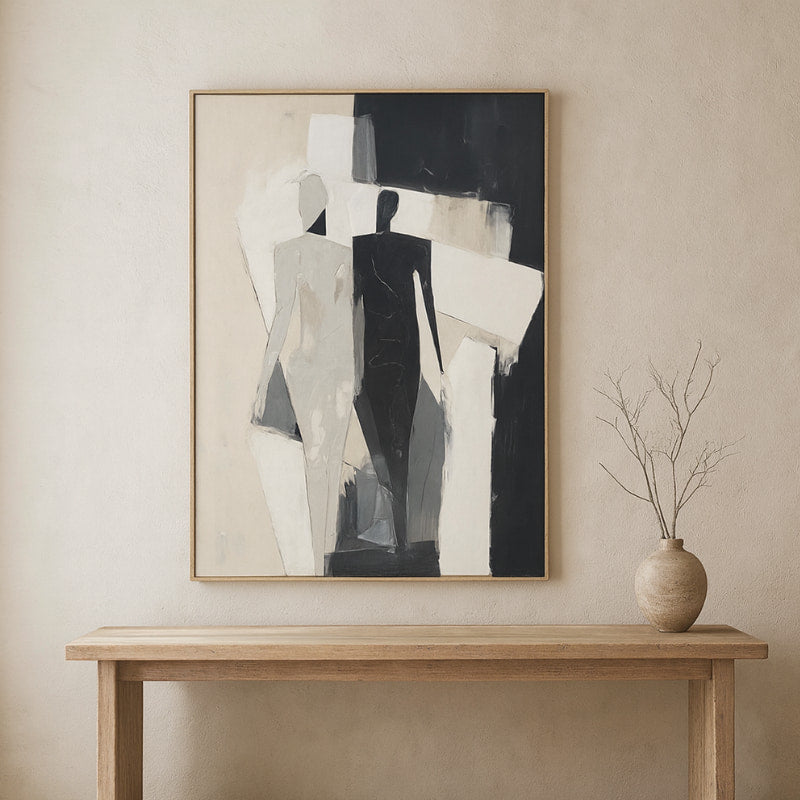 Wall art wabi sabi above a bed in a bedroom setting