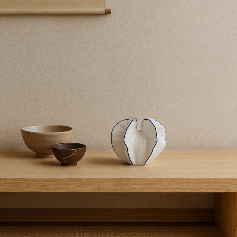 white ceramic vase large on a wooden table with wabi sabi bowls