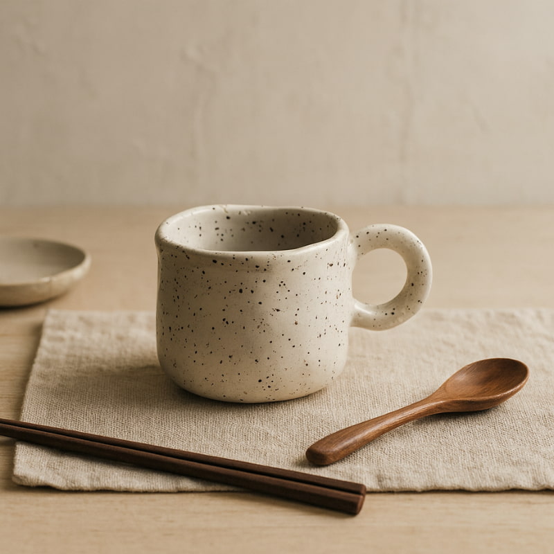 Speckled white mug on a wooden table with a blurred background