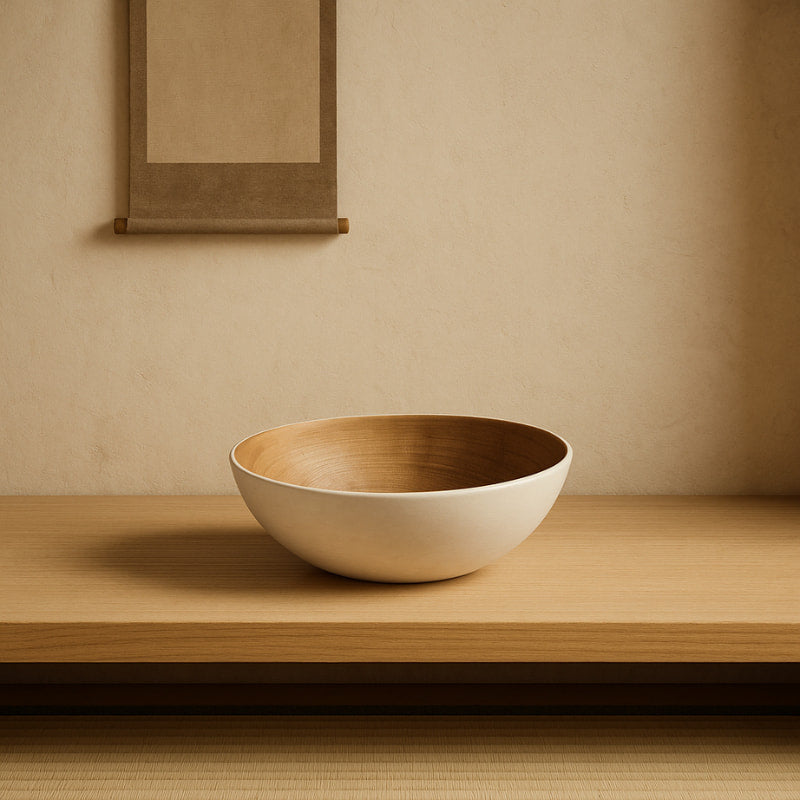 white wood bowl wabi sabi on a wooden surface with a beige wall in the background