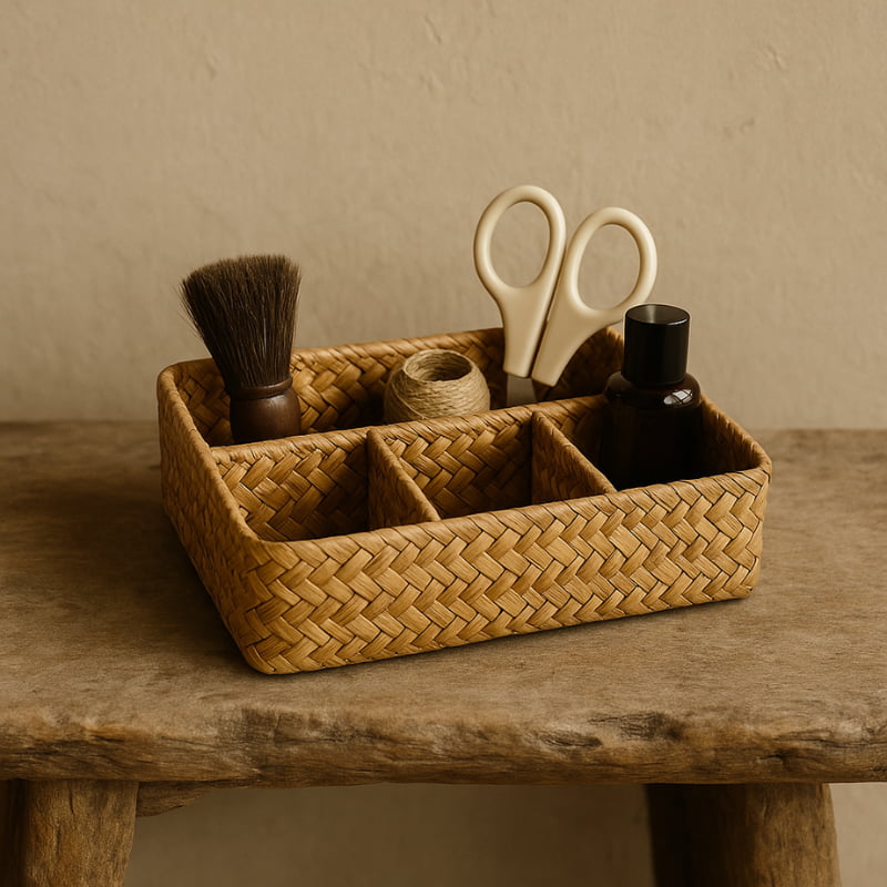 wicker basket organizers with grooming items on a wooden surface