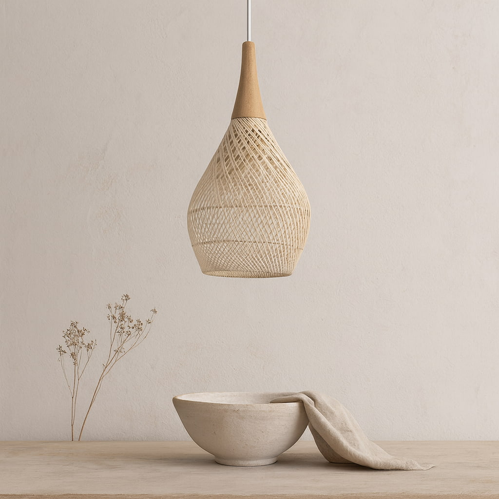 Wicker pendant light hanging above a ceramic bowl with a cloth on a neutral background