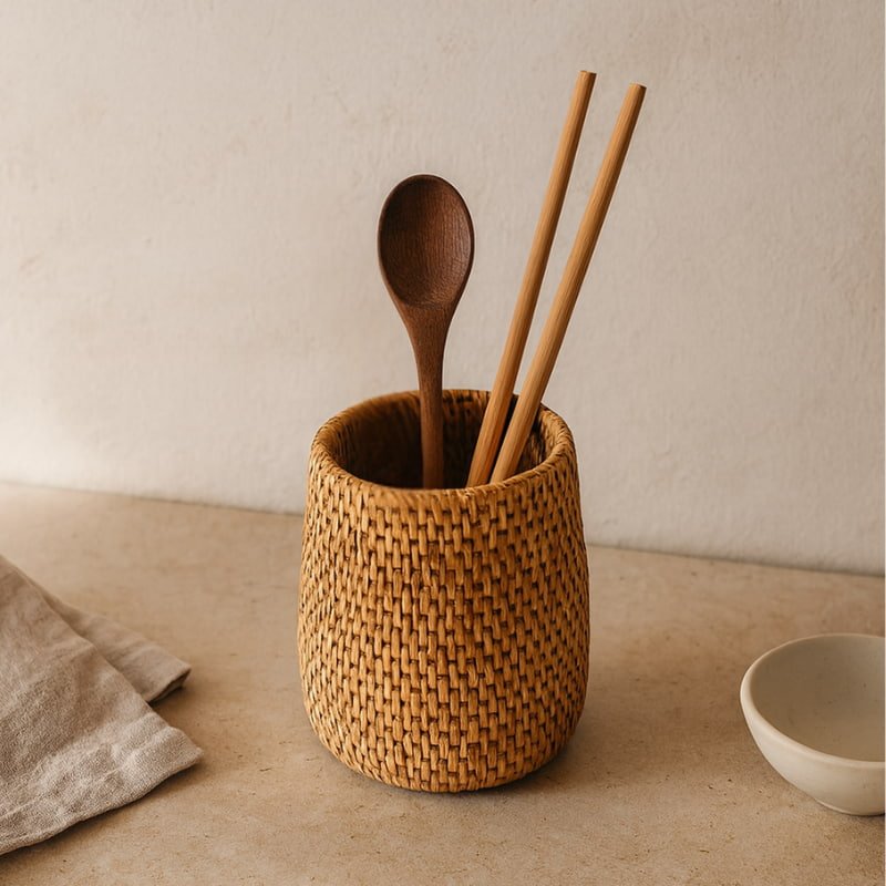 Woven wooden cutlery storage with a wooden spoon and chopsticks on a neutral background