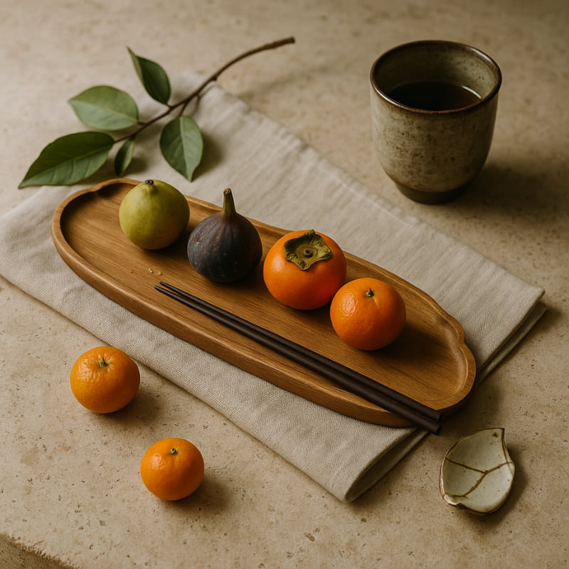 Wooden food serving tray with fruits and a cup on a beige surface