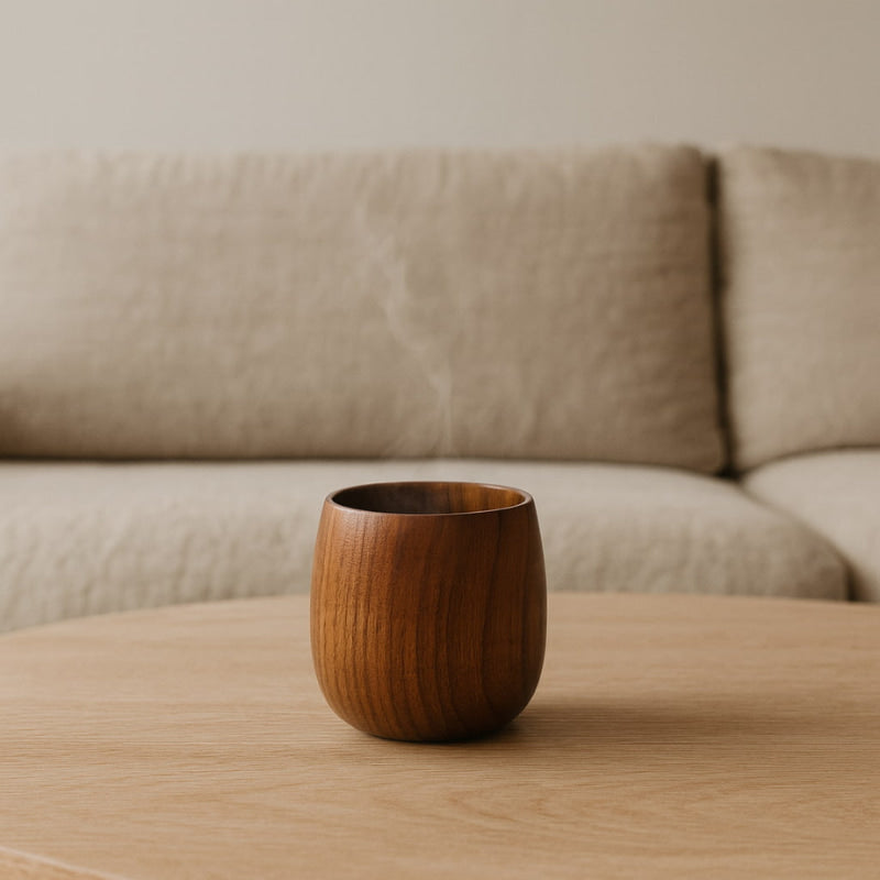 Wooden mug on a beige table in a living room.