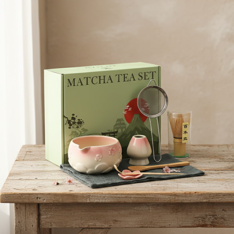 world market matcha set with a green box labeled 'Matcha Tea Set' on a wooden table.