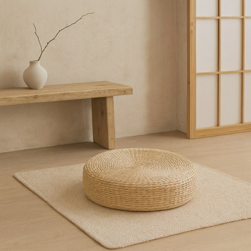 woven straw floor cushion on a rug in a room with a wooden bench and vase.