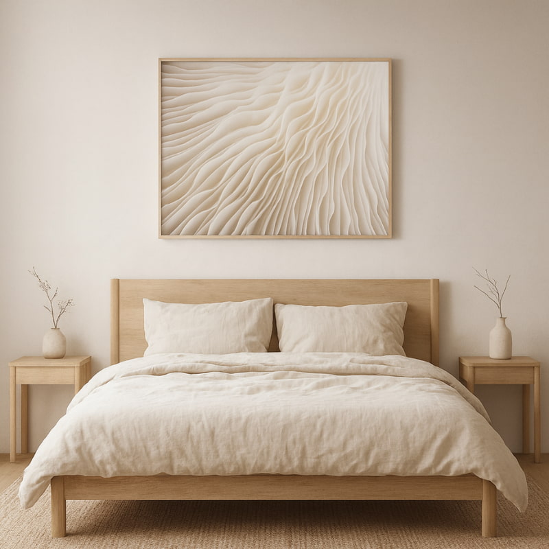 zen wave print and side tables in a bedroom setting.