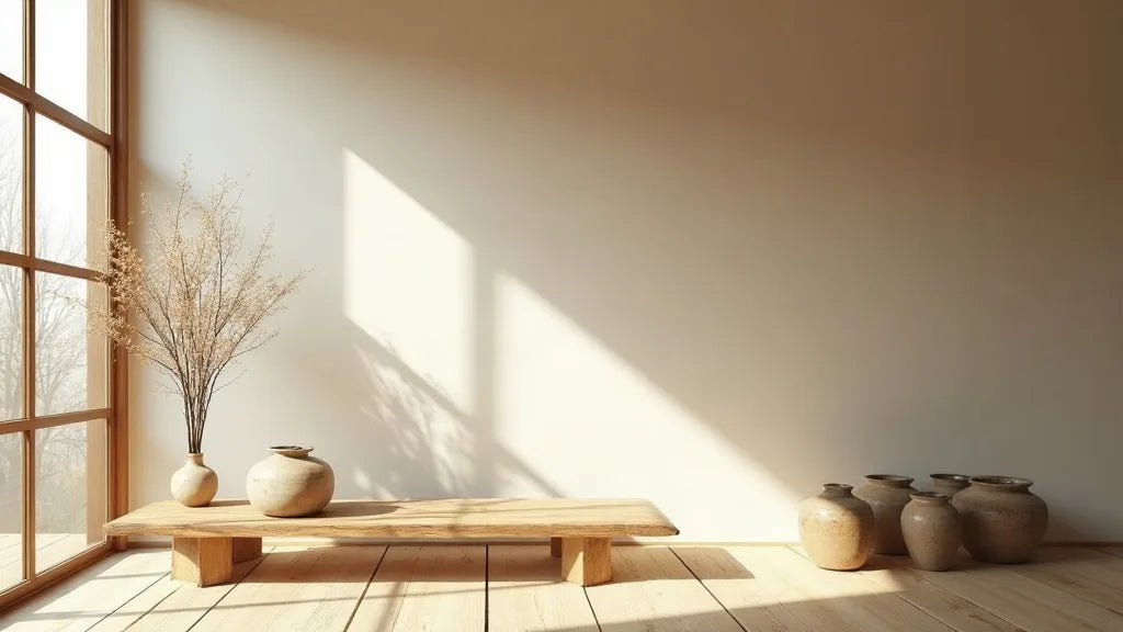 Minimalist Japanese interior with low table, pottery, weathered wood and morning light.