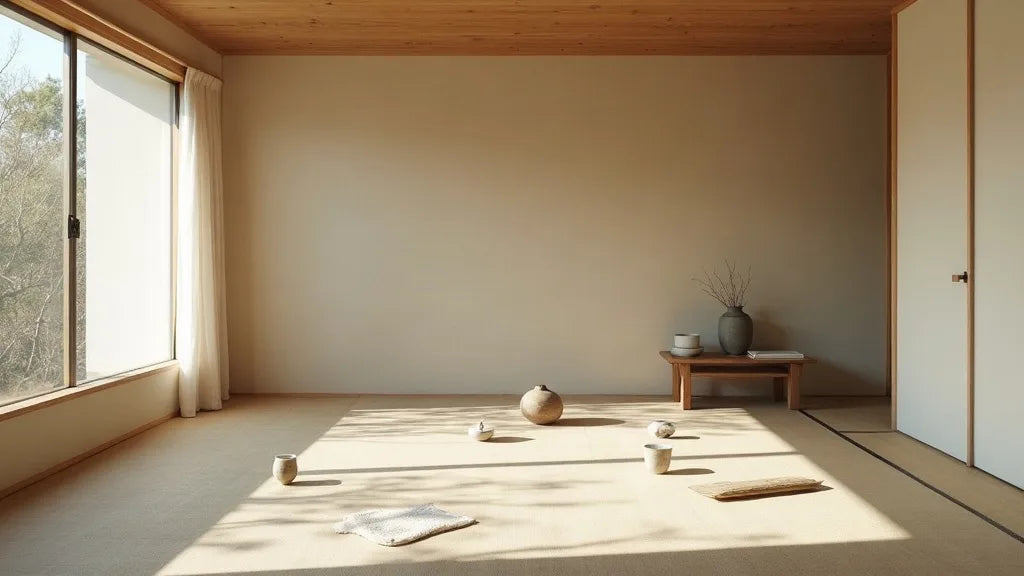 Wabi-sabi interior with asymmetric arrangement, natural light, minimal decoration