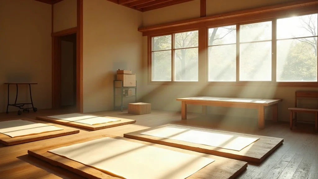 Sunlit papermaking workshop with translucent washi sheets drying on wooden boards, soft light diffusing through windows