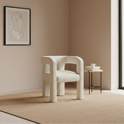Beige Accent Dining Chair in a minimalistic room with a plain wall and floor.