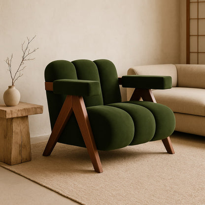 Green armchair japandi with wooden legs in a living room setting