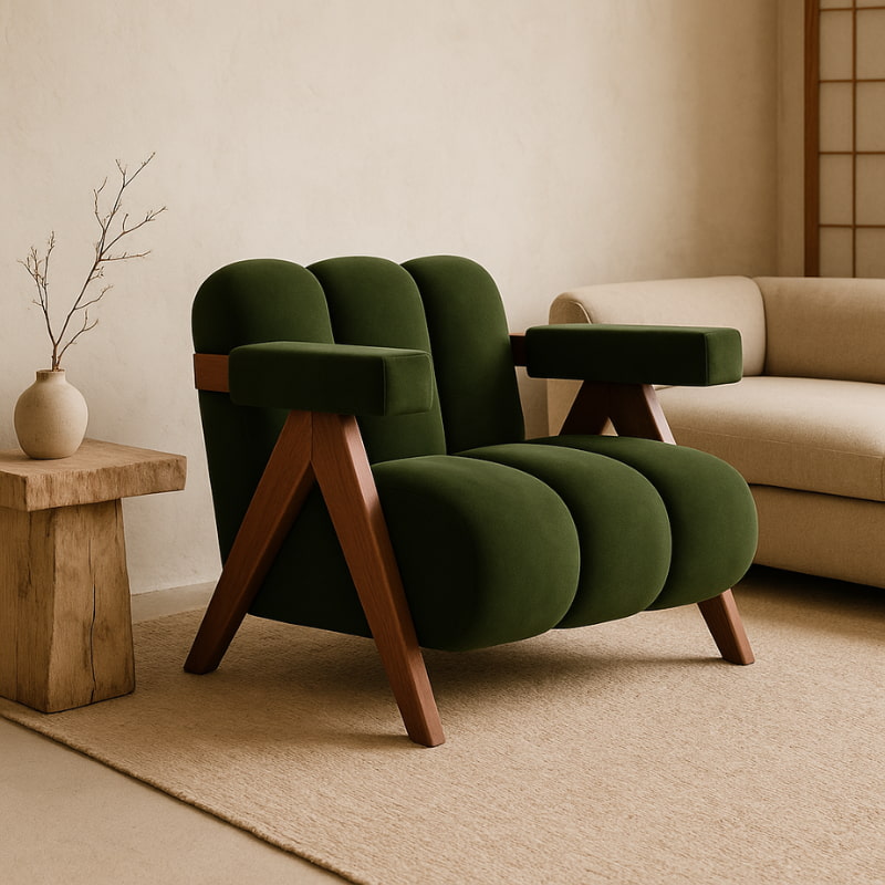 Green armchair japandi with wooden legs in a living room setting