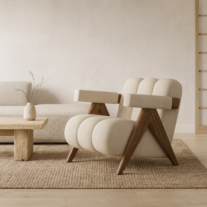 Modern Armchair japandi style, wooden coffee table, and decorative elements.