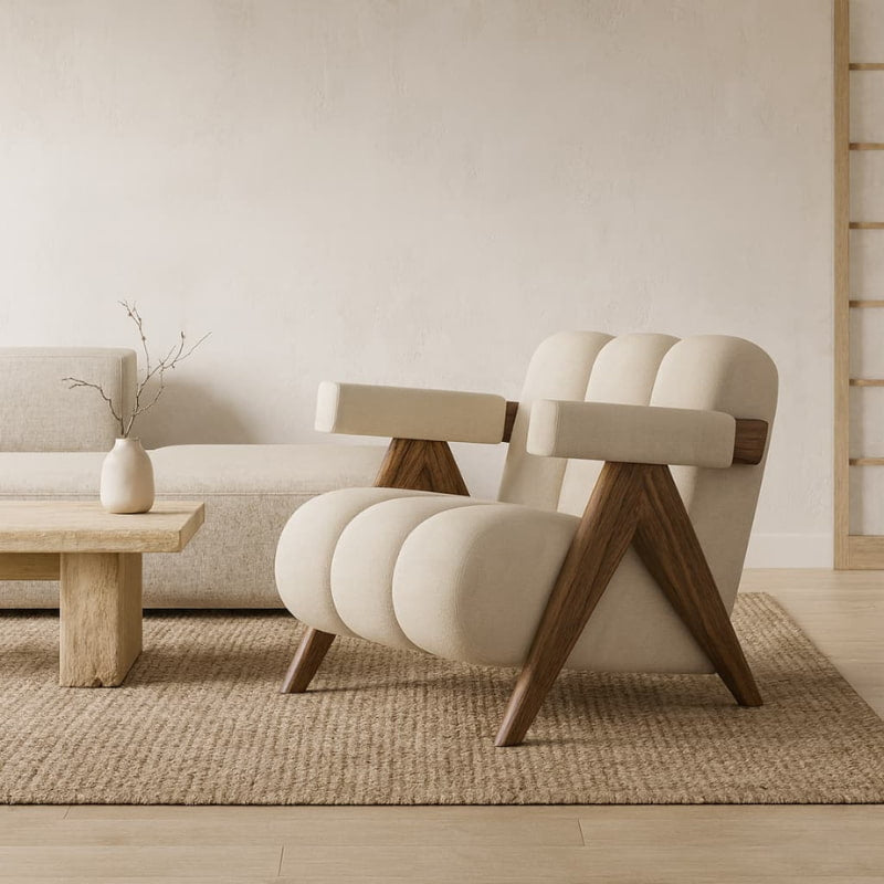 Modern Armchair japandi style, wooden coffee table, and decorative elements.