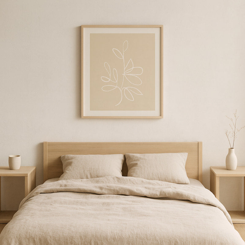 Beige bedroom with a bed, nightstands, and Art Prints Wabi Sabi.