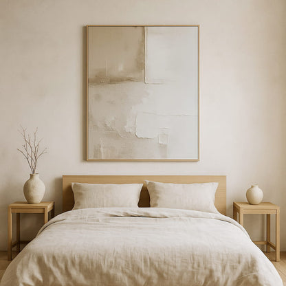 Beige Wabi Sabi Wall Art and side tables in a bedroom setting.