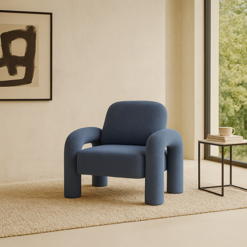 Blue Fluffy Chair in a modern living room with a framed artwork on the wall.