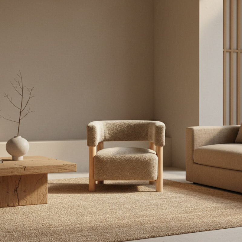 Light camel Boucle Accent Chair and sofa in a minimalistic room with wooden coffee table and neutral walls.