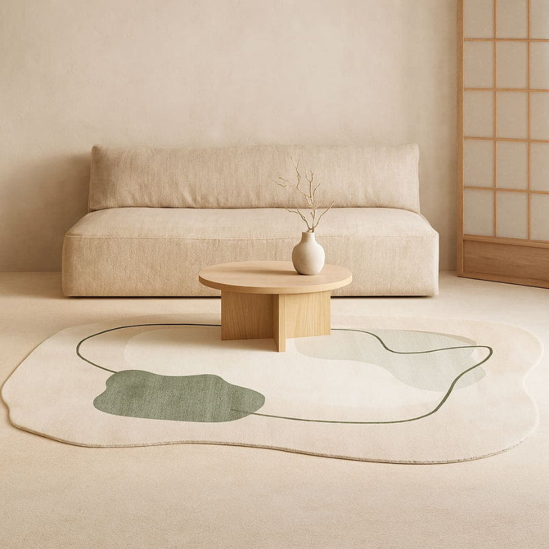 Beige sofa in a minimalistic room with a carpet japandi.