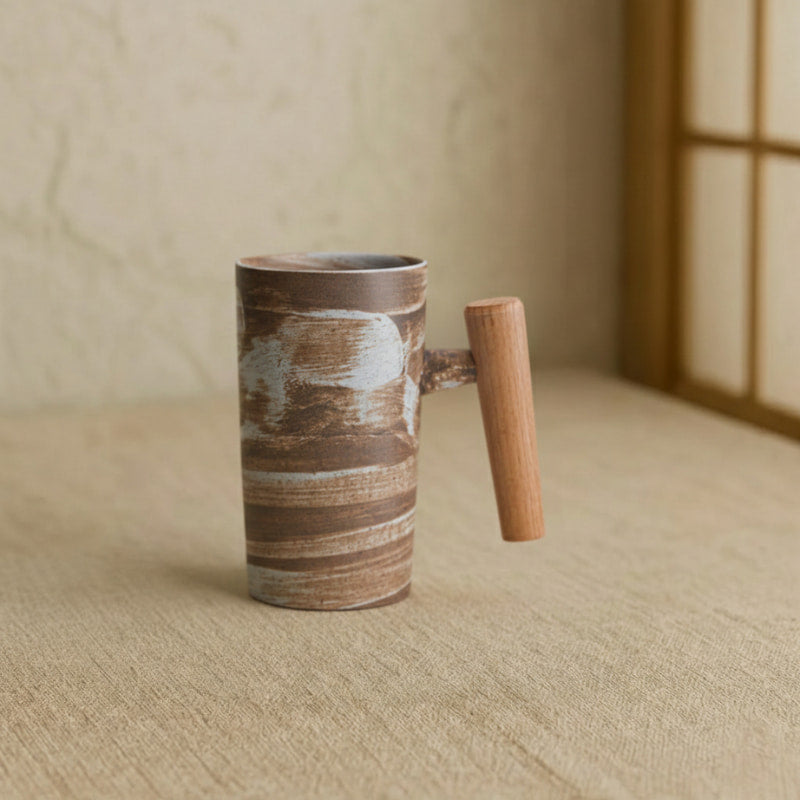Ceramic Mug With Handle in a wabi sabi room.