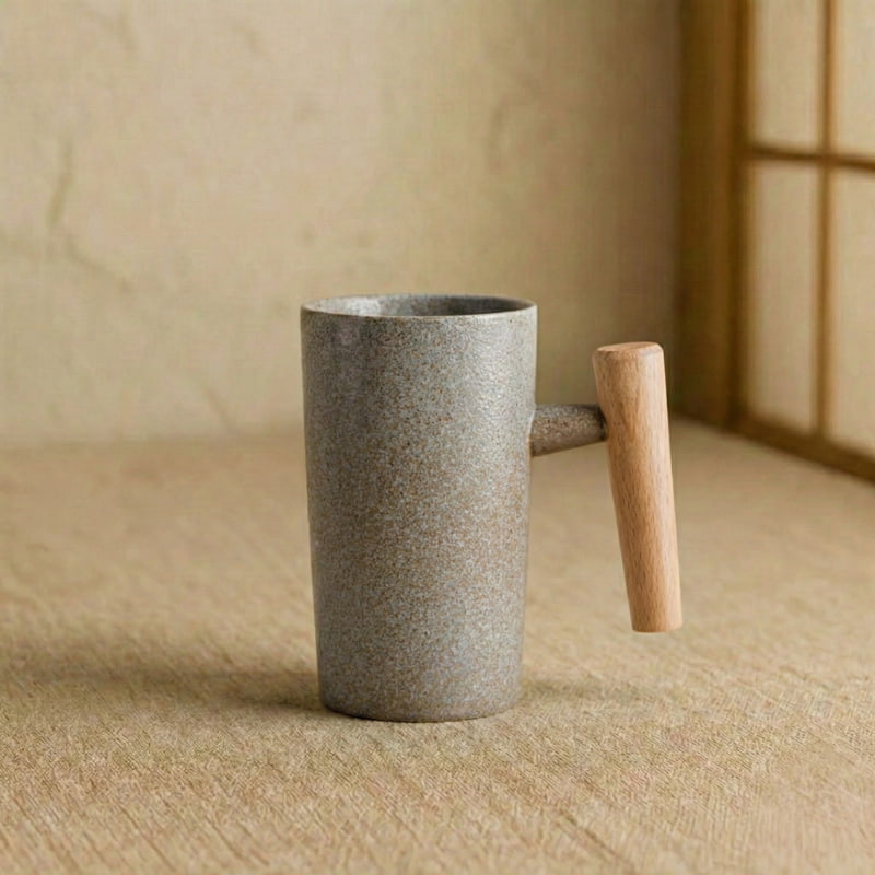 Ceramic Mug Wood Handle in a wabi sabi room.