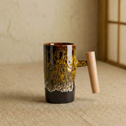 Ceramic mug wooden handle in a wabi sabi room.