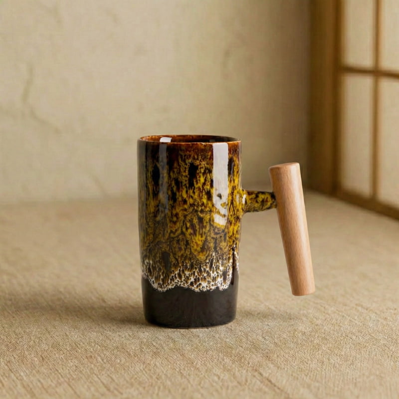 Ceramic mug wooden handle in a wabi sabi room.